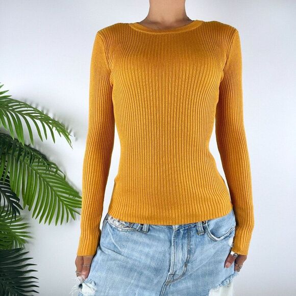 ModCloth Mustard Boho Cottagecore Ribbed Knit Long Sleeve Fitted Sweater Top /XS - Picture 1 of 7